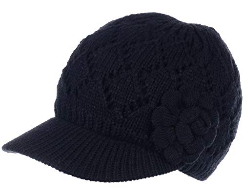 BYOS Womens Winter Chic Cable Warm Fleece Lined Crochet Knit Hat W/Visor Newsboy Cabbie Cap - color: Diamond Pattern W/ Flower Black