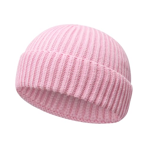 Wool Fisherman Beanies for Men Women Short Cuff Knit Beanie - color: Pink