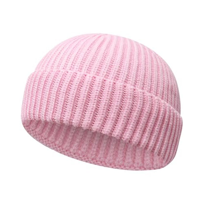 Wool Fisherman Beanies for Men Women Short Cuff Knit Beanie - color: Pink