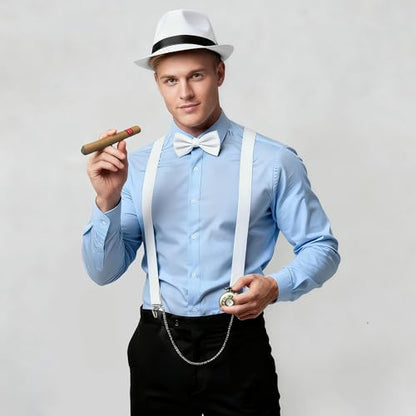 BABEYOND 1920s Mens Gatsby Gangster Accessories Set Panama Hat Suspender Bow Tie - color: White Set