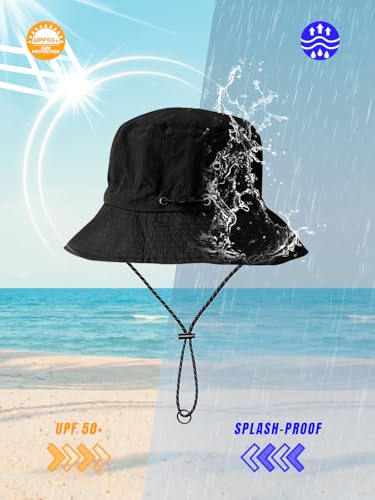 Splash-Proof Packable Bucket Hat for Men Women Lightweight Foldable Fishing Hiking Sun Hat with Adjustable Chin Strap - color: Black