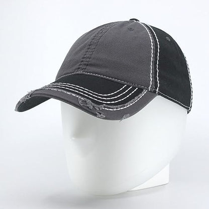 Washed Cotton Distressed with Heavy Stitching Adjustable Baseball Cap - color: Black/Charcoal Gray/Black