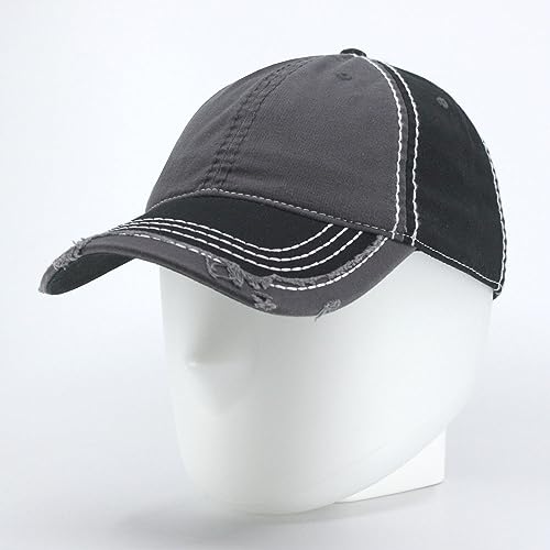 Washed Cotton Distressed with Heavy Stitching Adjustable Baseball Cap - color: Black/Charcoal Gray/Black