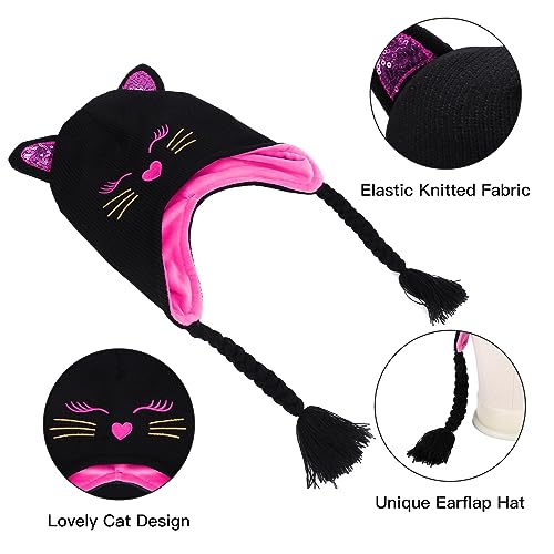 Toddler Girls Cat Ear Winter Hat Warm Knit Beanie Kids Earflap Cap for Cold Weather - color: Knitted Cat Hot Pink