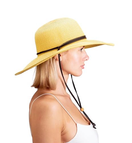 Sloggers Women's Wide Brim Braided Sun Hat with Wind Lanyard - UPF 50+ Maximum Sun Protection - color: Light Brown