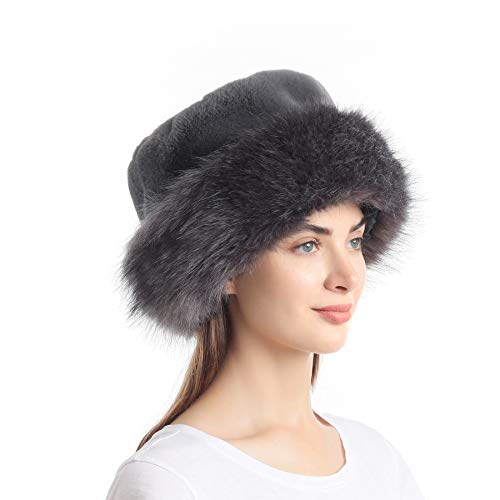 sy soul young Women's Leopard Faux Fur Hats Fluffy Bucket Hat Russian Style - color: Heather Grey
