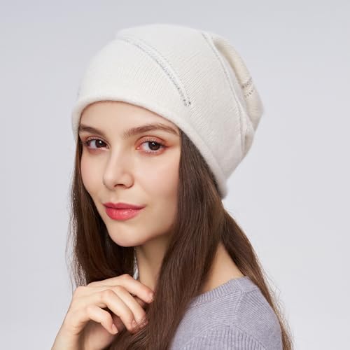 Women's Knitted Angora Wool Hat for Autumn and Winter Warm and Stylish with Rolled Brim and Slanted Rhinestones Cap - color: New-white