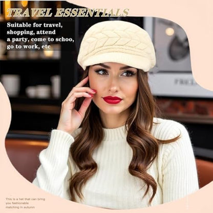 stablerice 4 Pack Womens Winter Beanie Hats Thick Warm Knit Hat with Visor Brim Wool Snow Ski Caps Chunky Soft Slouchy Cap - color: Black, Red, Gray, Beige