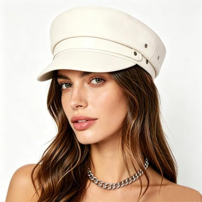 여성용 요트 캡틴 세일러 모자, PU 소재 뉴스보이 모자, 세련된 바이커 모자, 베이커 보이 모자, 피크 베레모 - color: 화이트.