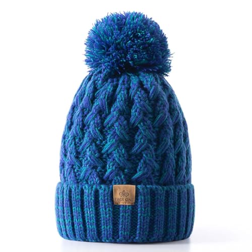 PAGE ONE Womens Winter Ribbed Beanie Crossed Cap Chunky Cable Knit Pompom Soft Warm Hat - color: Dark Blue