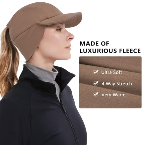 GADIEMKENSD Women's Winter Reflective Fleece Ponytail Hat with Drop Down Ear Warmer - color: Brown