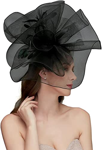 Women's Fascinators Hat for Women Tea Party Headband Wedding Cocktail Flower Mesh Feathers Hair Clip - color: 01 Black