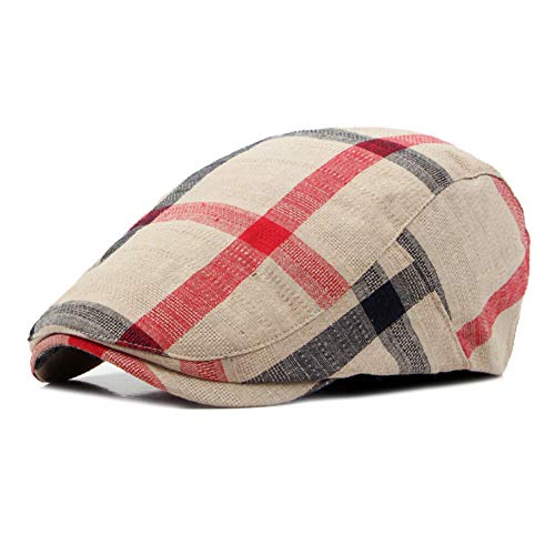 Gudessly Mens Adjustable Colorful Striped Plaid Ivy Newsboy Cabbie Gatsby Golf Cap Flat Cotton Hat Thin Cap - color: 446beige