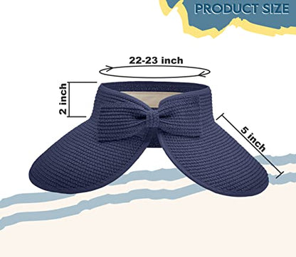 Straw Sun Visor for Women, Wide Brim UPF 50+ Protection Beach Hat, Adjustable, Roll Up Foldable Ponytail Cap with Chin Strap - color: Navy
