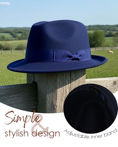 Fedora Hats for Men Women 1920s Short Brim Felt Trilby Hat - color: Navy
