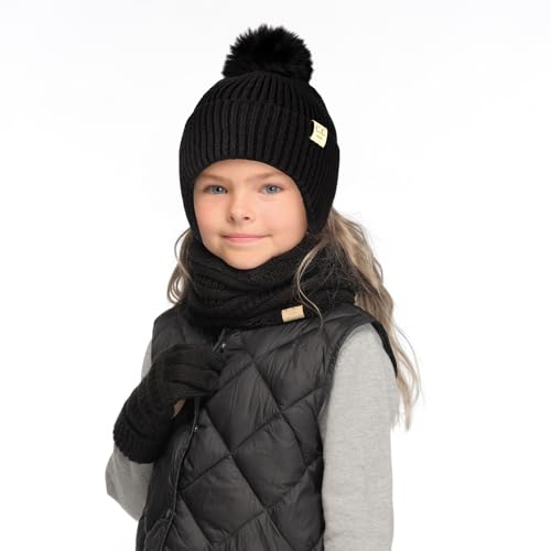 C.C Kids Ear Flap Fur Pom Beanie for Boys Girls - Comfortable Soft Warm Children Youth Knit Skully Hat with Faux Fur Pom - color: Black