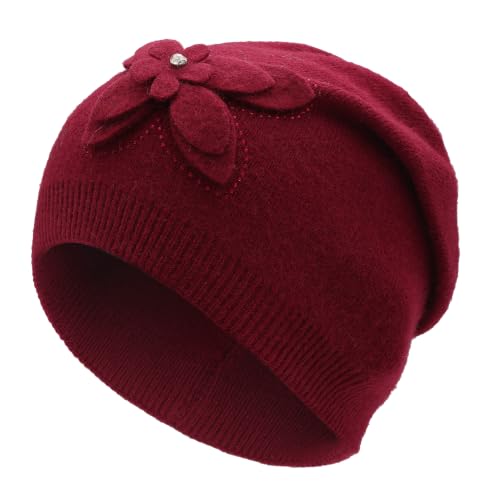 ZLYC Women Floral Slouchy Beanie Hat Double Layer Winter Knit Skull Cap - color: Butterfly Red