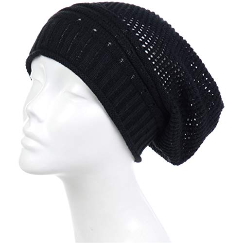 BYOS Women's Airy Cool Lightweight Cutout Long Slouchy Crochet Knit Beanie Hat - color: 2 Pack-net Navy & Bk