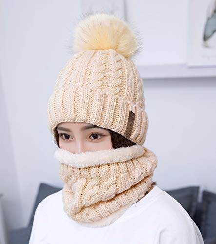 IYEBRAO Womens Winter Knit Beanie Hat and Scarf Set Girls Cute Slouchy Thick Fleece Lined Ski Hat Warm Skull Cap with Pom - color: Beige