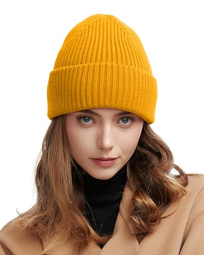 Wool Beanie for Men Women, Seamless Knit Cuffed Warm Winter Hats - color: 1pcs-yellow