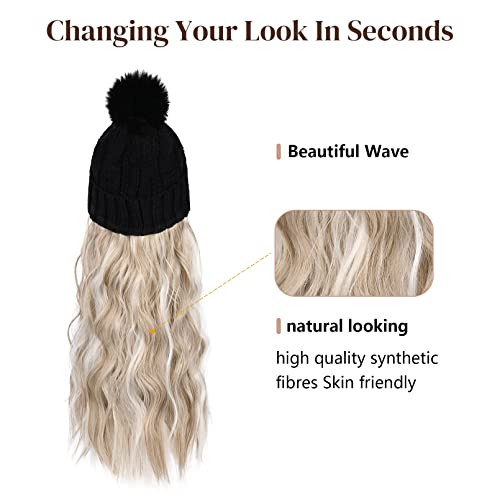 Flufymooz Beanie Wig, Hat Hair Extension Long Wavy Black Hat Wig with Faux Fur Pom, Wig hat Attached 20 Inch Synthetic Hairpiece for Women Girls Winter (Light Blonde with White Blonde) - color: Black Hat-light Blonde With White Blonde Highlights, size: 20