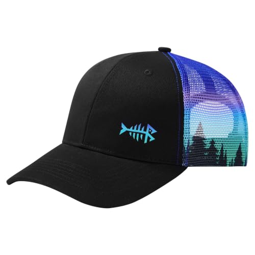 BASSDASH Printed Mesh Trucker Hat for Men Women Adjustable Baseball Cap Fishing Camping Outdoors Sporting Hat with Snap FH20 - color: Black/Night Forest, style: Regular
