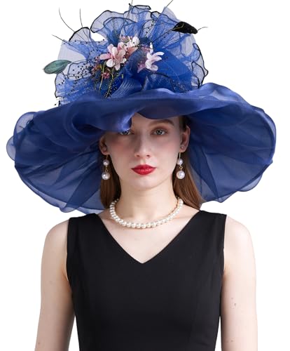 Women's Organza Church Kentucky Hat Fascinato Wedding Cocktail Tea Party Derby Hats Sun Hat - color: 06-navy Blue