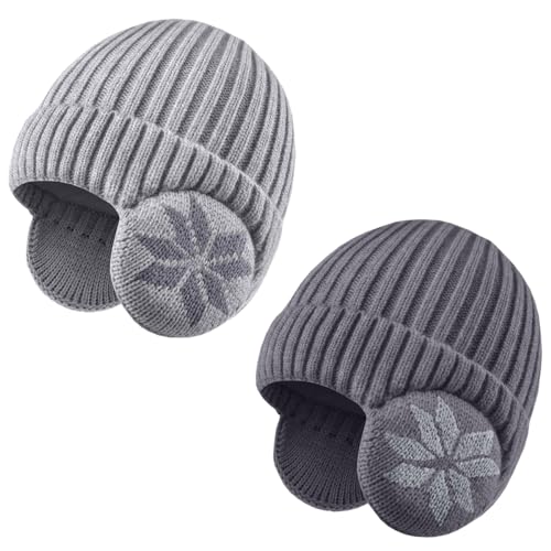 2 Pack Kids Beanie Winter Hat for 3-10 Years Cute Warm Fleece Lined with Ear Flaps for Boys and Girls - color: Dark Grey+light Grey