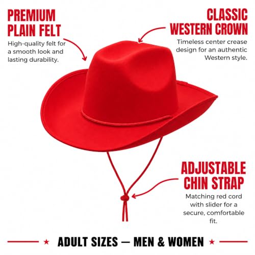 COLLECT PRESENT Plain Felt Cowboy & Cowgirl Hat for Men and Women | Western Studded Cowboy Hat in Adult Sizes - color: Red