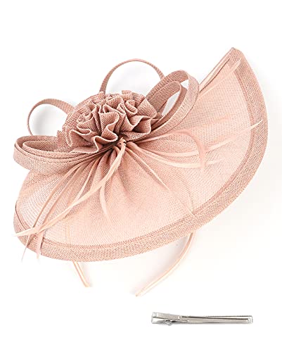 ORIDOOR Women Fascinators Derby Church Tea Party Wedding Flower Feathers Headpiece with Headband Clips - color: 21c Pink