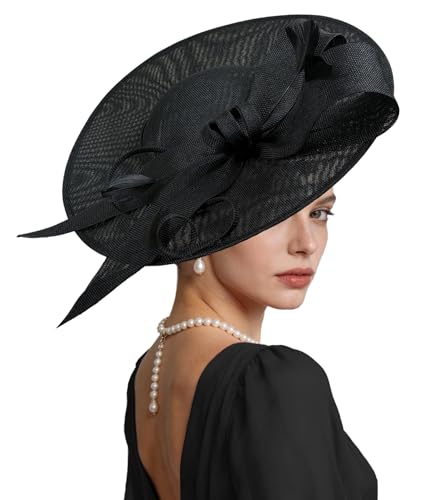 Kgromfy Fascinator Hat Women Wide Brim Tea Party Headband Elegant Church Hat Large Lady Headwear for Derby Wedding Cocktail - color: Black