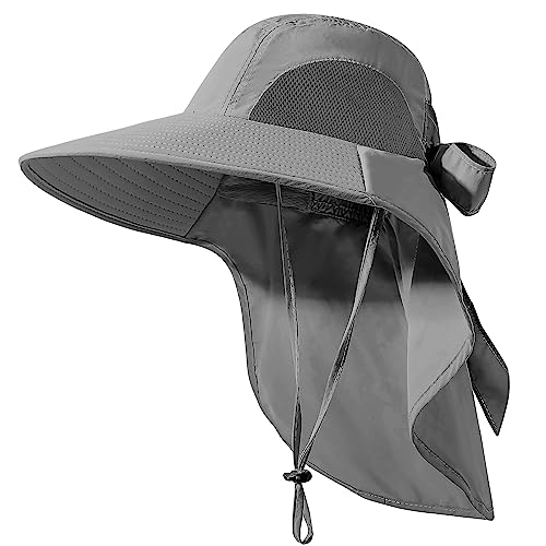 Womens Sun Hat UV Protection, Foldable Waterproof Wide Brim Bucket Hats with Neck Flap for Summer Beach Fishing Hiking - color: Drak Grey