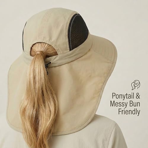 UV Sun Protection Hat Women Foldable Neck Flap Wide Brim Fishing Hat with Ponytail Hole for Women - color: Khaki