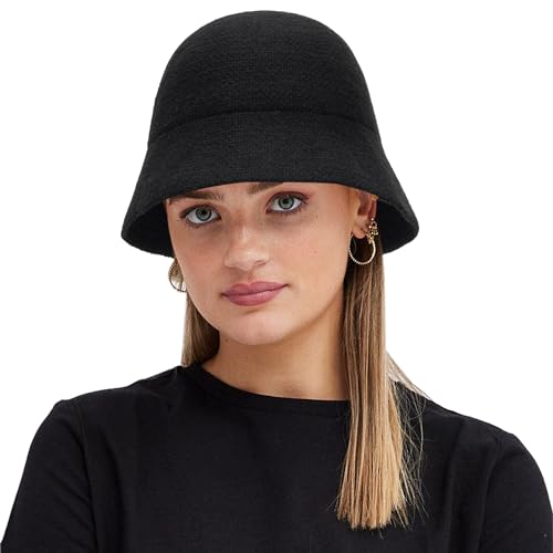 Women Winter Knit Bucket Hat - Black Vintage Warm Beanie Fashion Cloche Hat - color: Black10