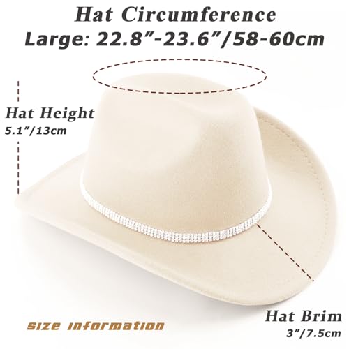 Western Cowboy Hats for Women Classic Felt Wide Brim Fedora Hat with Belt Buckle Retro Panama Hat Unisex Rolled up Cap - color: 1 Pack : Beige With 3 Rhinestones Bands