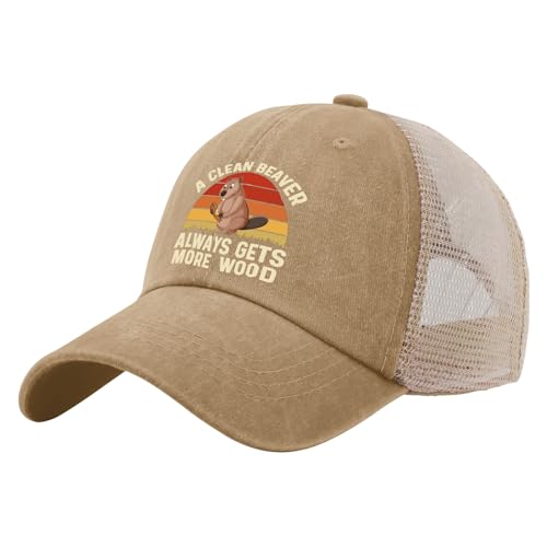 A Clean Beaver Always Gets More Wood Trucker Hats - Women's & Men's Funny Dad Hats - Perfect Birthday Gifts - color: Khaki