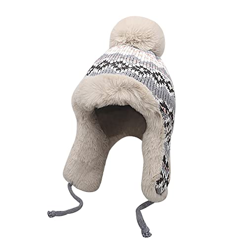 Women Winter Beanie Hat Thick Fleece Lined Warm Earflap Trapper Hat Pom Pom Jacquard Knited Outdoor Ski Snow Cap - color: Gray