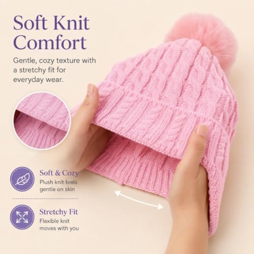 Toddler Baby Winter Hat with Earflap Kids Warm Twisted Knit Hat Infant Pom Pom Beanie Ski Cap for Baby Girls Boys - color: Pink, size: 2-6 Years