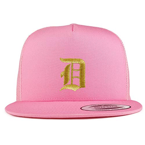 Trendy Apparel Shop Old English Gold D Embroidered 5 Panel Flatbill Trucker Mesh Cap - color: Pink