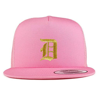 Trendy Apparel Shop Old English Gold D Embroidered 5 Panel Flatbill Trucker Mesh Cap - color: Pink