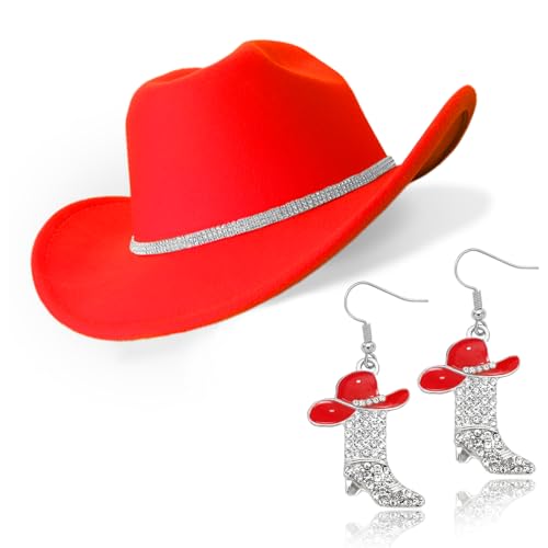 Cowboy Hat Rhinestone Cowgirl Boots Earrings Set Western Earring Felt Fedora Jazz Hat Rodeo Outfit for Women Size M - color: Red