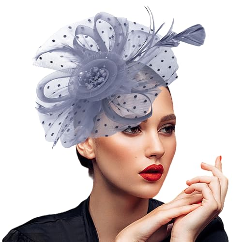 JUNBESTN Fascinators Hat Tea Party Headwear for Women Flower Mesh Feathers Headband - color: Grey