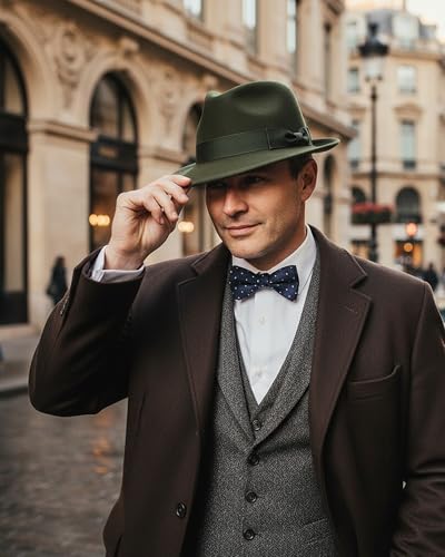 Fedora Hats for Men Women 1920s Short Brim Felt Trilby Hat - color: Olive Green