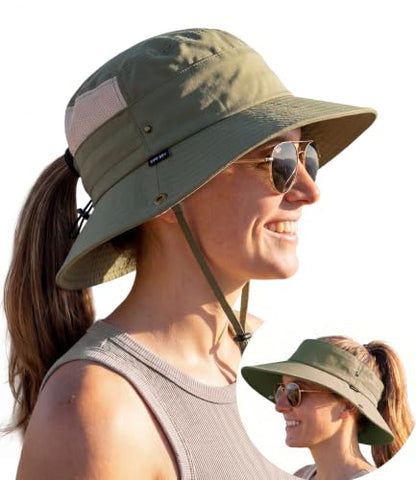2-in-1 Womens Bucket Sun Hats, Sun Visor Hat, UPF 50+ Wide Brim, Ponytail-Friendly, Packable, Hiking Outdoor - color: Olive Green