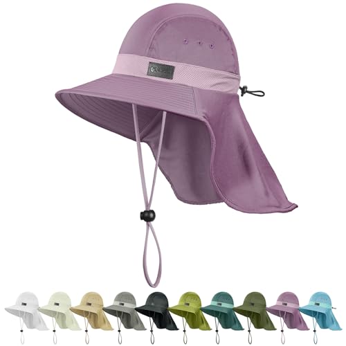 Sukeen Cooling Sun Hat for Men Women UPF50+ Wide Brim Fishing Hat with Neck Flap Adjustable Foldable Bucket Hat for Hiking - color: Purple