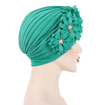 Flower Pre-Tied Turban Beanie, Soft Chemo Cap for Women Cancer Hair Loss - color: Teal