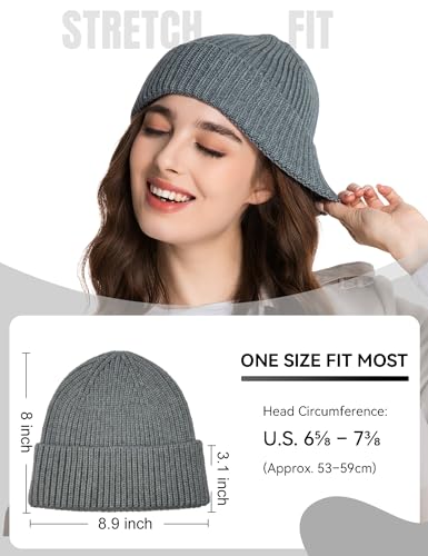 vidsel 50% Wool Thick Beanie Hat Men Women, Seamless Cuffed Knit Cap, Gray