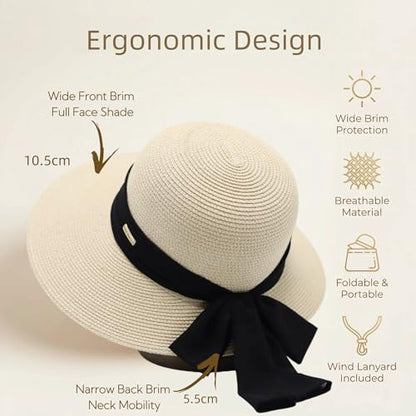 Packable Floppy Sun Hat for Women, Wide Brim Foldable Beach Hat with Soft Sweatband for Sun Protection, Travel & Summer - color: Beige-black