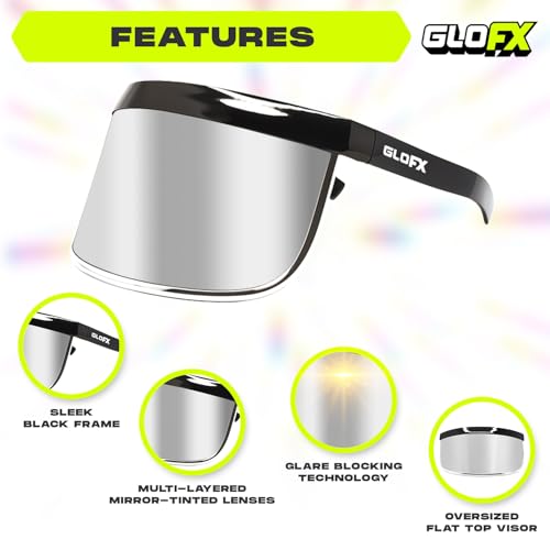 GloFX Mirror Futuristic Visor Sunglasses - Cyberpunk Full Face Shades, Perfect Rave Accessories for Festival Outfits