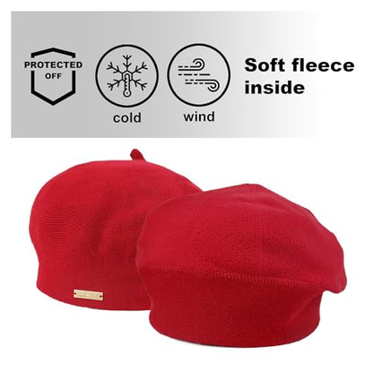 Beret - Warm Lined Wool Angora Knit Berets - French Paris Hat for Women - color: Red